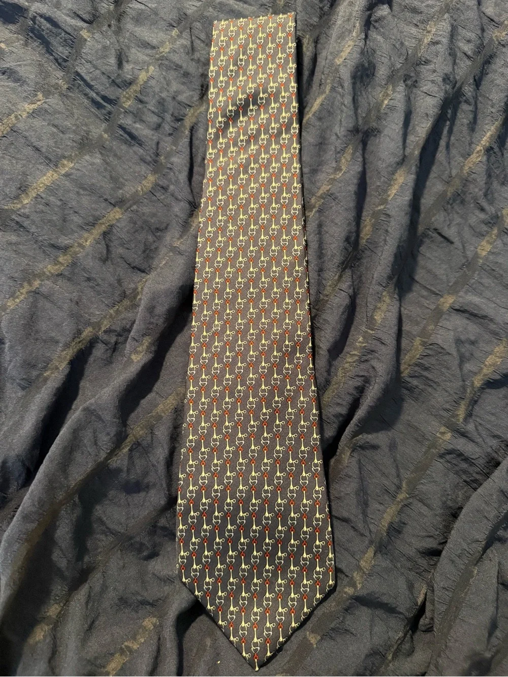 Dior Navy Silk Tie with Red & Cream Bit-Chain Motif